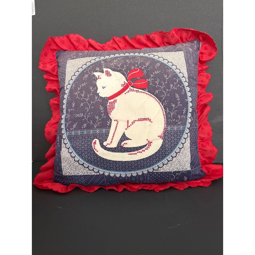 Vtg Kitty Cat Hand Sewn Throw Pillow Lace Ruffled Edge Cottage core Granny core